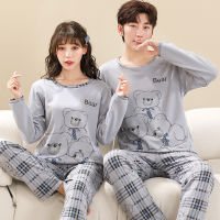 Couple Knitted Cotton Cartoon Panda Pajamas for Women Casual Pyjama Long Sleeved Plaid Pants Sleepwear Sets Fashion Homewear 4XL