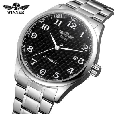 Fashion Winner Simple Black Watches Date Display Silver Stainless Steel Business Mens Automatic Wrist Top Brand Luxury