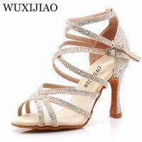 WUXIJIAO Dance Shoes Latin Woman Salsa Silk Satin Dancing Shoes Glitter Rhinestone Professional Dance Shoes Ballroom Soft Bottom