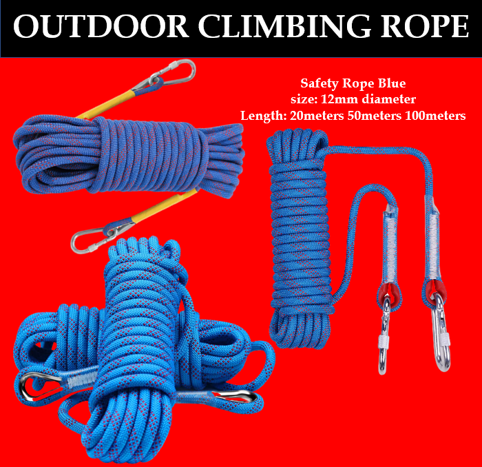 TOYU Blue12mm Safety Rope2050100m Climbing/Hiking Rope Safety Rescue Utility Rope w 2