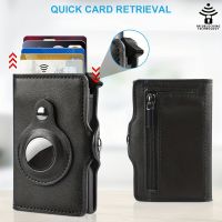 Airtag dompet kotak aluminium logam gesper casing Rfid anti-maling tempat kartu kredit dompet koin ritsleting pendek kulit asli