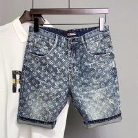 Summer soft gray-blue ultra-thin stretch mens denim shorts slim hot-printed five-point pants