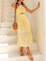 ☢✇♂ ocehrk Foridol Spaghetti Halter Xadrez Vestido Amarelo Tie Voltar Strapless Verão Sundress Elastic Bust