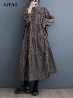 XITAO Dress Women Vintage Casual Print Long Sleeve Dress