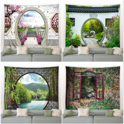 Chinese Natural Scenery Tapestry Retro Style 3D Arch Door Green Bamboo Wall Hanging Tapestries Modern Background Decor Blanket