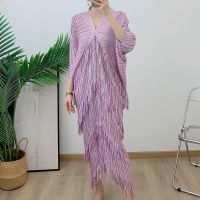 2023 Hot Pleated tassel dress spring and autumn new large size Miyake womens high-end V-neck loose and western style belly-covering long skirt