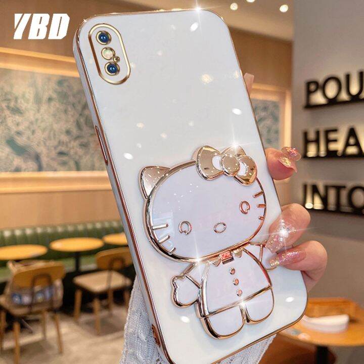 ybdกับเคสโทรศัพท์กระจกเข้ากันได้กับ-iphone-x-xs-xs-max-xr-เคส3d-แมวน่ารักพับเคสซิลิโคนแบบนิ่มยึดสามมิติ