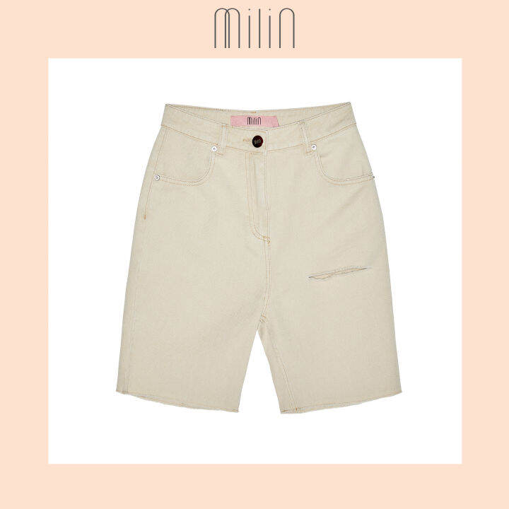 milin-high-rise-with-belt-hoops-denim-กางเกงยีนส์ขาสั้น-bermuda-slit-shorts-beige