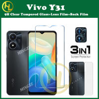 (3 In 1) สำหรับ VIVO Y31กระจกเทมเปอร์ฟิล์มป้องกัน + เลนส์กล้องถ่ายรูปฟิล์มป้องกัน + คาร์บอนสติกเกอร์ฝาหลังคาร์บอนไฟเบอร์ฟิล์มป้องกัน Vivo Y76 Y52 Y35 Y73 Y22S Y12S Y72 Y12A Y12 Y11 Y20S Y20i Y02 (G) y21T Y30 5G Y22