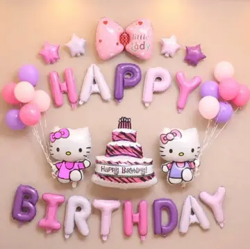 Hello Kitty birthday decorations Cartoon Party Supplies Include Happy  Birthday Banner Cake Topper Balloons Cupcake Toppers invitation card Kitty  Party Decorations for Girls (HELLO KITTY Set A) : : Toys & Games