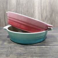 ฝรั่งเศส LE CREUSET สีเย็นสโตนแวร์พอร์ซเลนรูปไข่หูคู่แผ่นย่าง24เซนติเมตรอบจานอบเตาอบเตาอบไมโครเวฟ