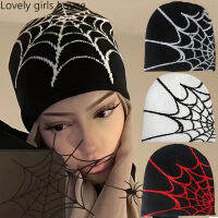 【♡Lovely girls house♡】หมวกเสื้อกันหนาวถักอบอุ่นแบบกอธ Unisex แฟชั่นแนวสตรีทพังค์หมวกหมวกบีนนีพิมพ์ลายใยแมงมุมสำหรับเล่นกีฬาแนวสตรีทพังค์