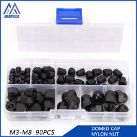 90ชิ้น/กล่อง M3 M4 M5 M6 M8ไนลอนหกเหลี่ยม Domed หมวก Acorn Nuts Ball Head Nut พลาสติกรอบหัว Hex Nuts สีขาวสีดำ M38NLH111