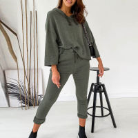 Casual Solid Two Piece Sets Fashion Hoodies Three Quarter Sweatshirts And Drawstring Slim Pants Suits Elegant Female Tracksuits