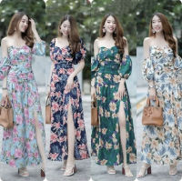 Maxi Dress?[พรเอมส่ง]?แม๊กซี่เดรส ผ้าวูลพีช แขนตุ๊กตา ลายดอกพริ้งๆ ใส่ได้ทั้งแบบเปิดไหล่และปิดไหล่ สม๊อคหลัง กระโปรงผ่าหน้า