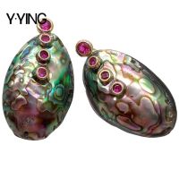 {Han ornaments}Y·ying Natural Abalone Shell Freeform Red Cubic Zirconia Pave Stud Earrings สไตล์วินเทจสำหรับผู้หญิง