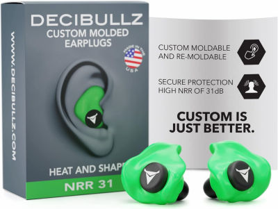 Decibullz - Custom Molded Earplugs, 31dB Highest NRR, Comfortable Hearing Protection for Shooting, Travel, Swimming, Work and Concerts (Green)