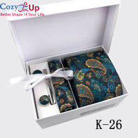 COZY UP ผู้ชายหรูหราผูกชุดกล่องของขวัญ jacquard ผูกและพ็อกเก็ตสแควร์คลิปกระดุมข้อมือผ้าเช็ดหน้าชุด