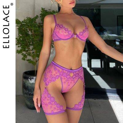 【CW】✵  Ellolace Female Embroidery 3-Pieces Luxury And Panty Garters Transparent Sets