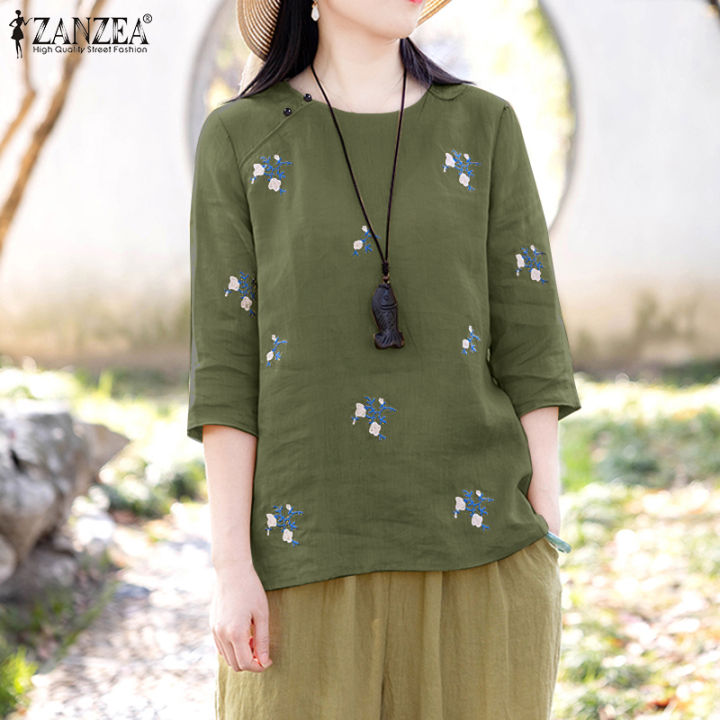 สินค้ามาใหม่-จัดส่งฟรี-fancystyle-zanzea-เสื้อสตรีแบบสวมหัวเสื้อเย็บลายดอกไม้ผ้าฝ้ายคอกลมวินเทจ-2