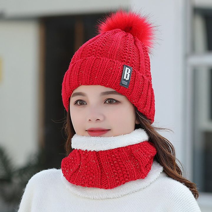 2-piece-suit-winter-women-scarf-hat-set-solid-pompoms-knitted-caps-and-scarves-keep-warm-accessories