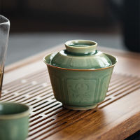 Celadon Hand Carved Gaiwan For Tea Pottery Tureen With Lid Green Teaware Kung Fu Tea Ceremony Set Coffee Cups Tea Bowls Chawan