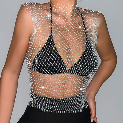 Soul Dancing ผู้หญิง Rhinestone ตาข่าย Tank Top,แขนกุดคอลูกเรือ/คอวีเงายืด Fishnet Tops สำหรับ Party Club