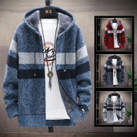 Mens hooded knitwear autumn winter thick fleece sweater coat loose casual large size jacket long sleeve striped cardigan