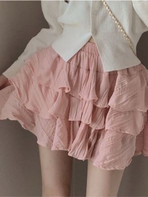 ✐✹☂ chic sweet age-reducing chiffon pleated skirt high-waisted skirt double-layer cake skirt anti-exposure skirt womens summer