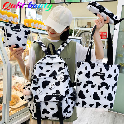 4 Piece High Quality Cow Pattern Womens Backpack Ze Pattern Multifunctional Waterproof Student Schoolbag New Couple Backpack