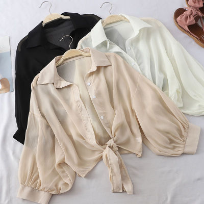 New Summer Lantern Half Sleeve Button Up Loose Casual Blouse Lapel Thin Chiffon Shirts Women Tied Waist Elegant Blouses For Lady