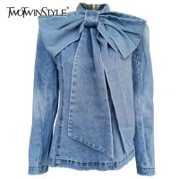 ZZOOI TWOTWINSTYLE Patchwork Bow Denim Womens Jacket Stand Collar Long Sleeve Vintage Ruched Jackets For Female 2022 Fashion Clothing