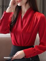 Deep V-neck Satin Blouses Women Chiffon Shirts Solid Elegant Female Office Lady Tops White Red Ladies Clothes Long Sleeve 2022