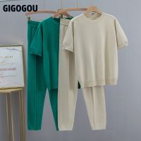 【DT】hot！ GIGOGOU pant Tracksuits Fashion Knitted OverSized T Set Ladies piece T-shirt  Pant Suits