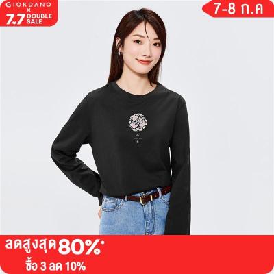 GIORDANO Women San Mei Series T-Shirts 100% Cotton Print Fashion Tee Simple Crewneck Long Sleeve Quality Casual Tshirts 99392199