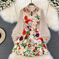 2022 Runway Spring Summer Pearls Dress Womens er Pan Collar Flowers Print Mesh Sleeve Gold Thread Embroidered Short Vestidos