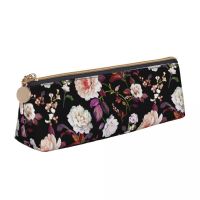 ✇❣✓ Pretty White Flower Leather Pencil Case Purple Leaves Print Cute Zipper Pencil Box Stationery Girls Boys Triangle Pen Pouch