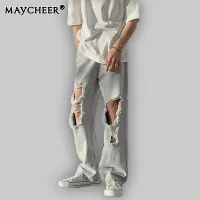 MAYCHEER Ripped Jeans Men Fashion Casual Baggy Wide Leg Jeans Loose Hip Hop Hole Straight Denim Pants Men Trousers