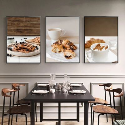 นอร์ดิกอาหารเช้าอาหารโปสเตอร์: กาแฟ,ขนมปังข้าวสาลี,บลูเบอร์รี่วาฟเฟิลผ้าใบจิตรกรรมฝาผนังภาพศิลปะสำหรับห้องครัวตกแต่งบ้าน