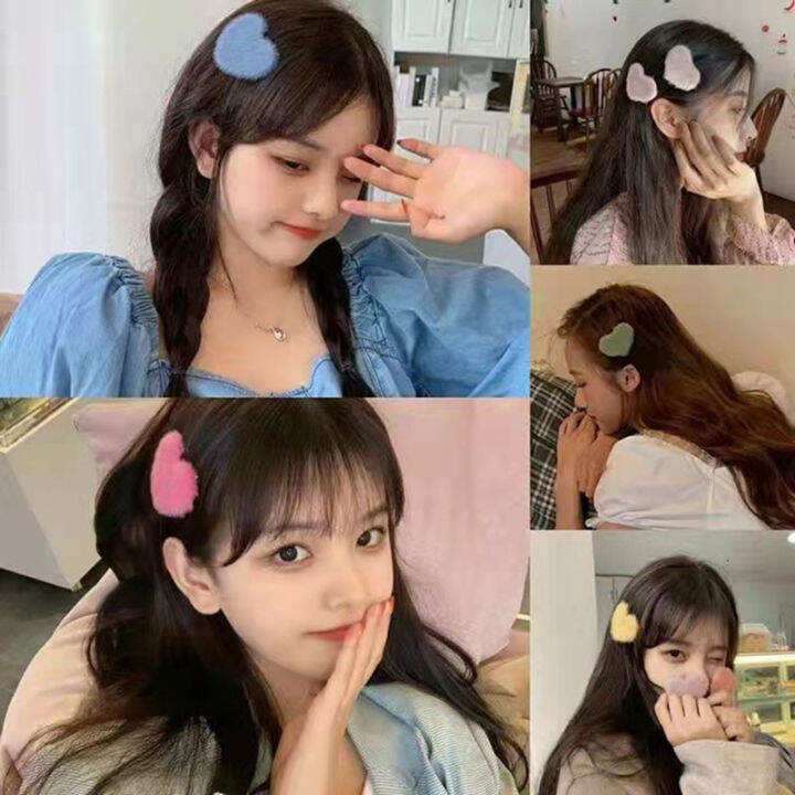 กิ๊ปติดผมหน้าม้าด้านข้างนุ่มฟูรูปหัวใจสำหรับผู้หญิงปิ่นปักผมกิ๊ฟหนีบผมคลิปเครื่องประดับสีสันสดใสเครื่องประดับเด็กผู้หญิง