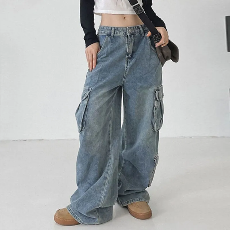 Y2K Baggy Jeans Women Loose Low Waisted, Streetwear Wide Leg Cargo