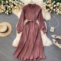 Women Stand Collar Slim Fit Pleated Dresses Autumn 2020 Chic Sashes Femme Vestidos Solid Color Fashion Dress