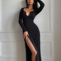 Crossed Cleavage Maxi Dress Women Concise Side Spilt Elegant Vestido Lady High Street Bodycon Slim Robe Dresses Autumn Winter