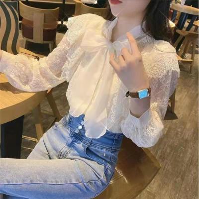 South Korea Dongdaemun 2023 Early Spring New Heavy Industry Lace Base Top Womens Chic Bow Shirt Women