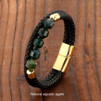 Natural Aquatic Agate Energy Bracelet Sweet Romantic Couple Double Leather Cord 316 Stainless Steel Bracelet