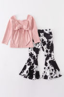 Girlymax Autumn FallWinter Baby Girls Dusty Pink Bow Top Cow Print Milk Silk Bell-bottoms Pants Set Kids Clothing