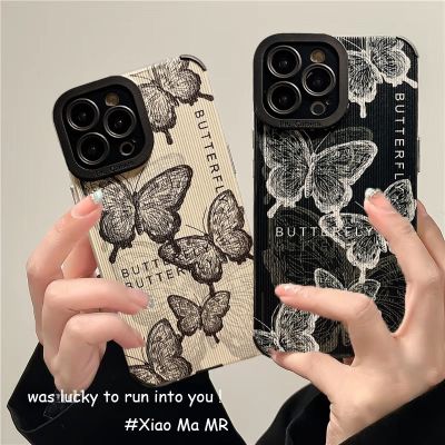 【CC】 Capa à prova de choque silicone macia luxuosa para iphone couro retrô moda borboleta 14 13 12 XS XR 7 8