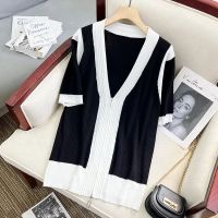 【มีไซส์ใหญ่】Plus Size XL-4XL Womens Striped Zip Up Summer Shirts Short Sleeve White Black Knitted Slim Female Tops