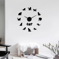 ZZOOI Cute Egyptian Mau Cat DIY Large Wall Clock Cat Breed Kitty Decor Frameless Long Hands Big Handle Watch 3D Mirror Effect Sticker