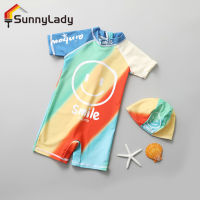 SunnyLady สาวเด็กวัยหัดเดินชุดว่ายน้ำชิ้นเดียวเซิร์ฟครีมกันแดดเสื้อแขนสั้นลายการ์ตูนพร้อมหมวกบังแดดชุดว่ายน้ำแห้งเร็วเร็ว